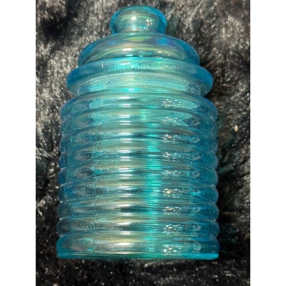 Vintage Blue Ribbed Honey Comb Glass Storage Jar With Lid - Picture 4 of 7
